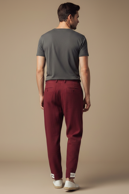 Pantalon Chinois Bordeaux Ample Plissé Décontracté Homme - Lin - vue 2