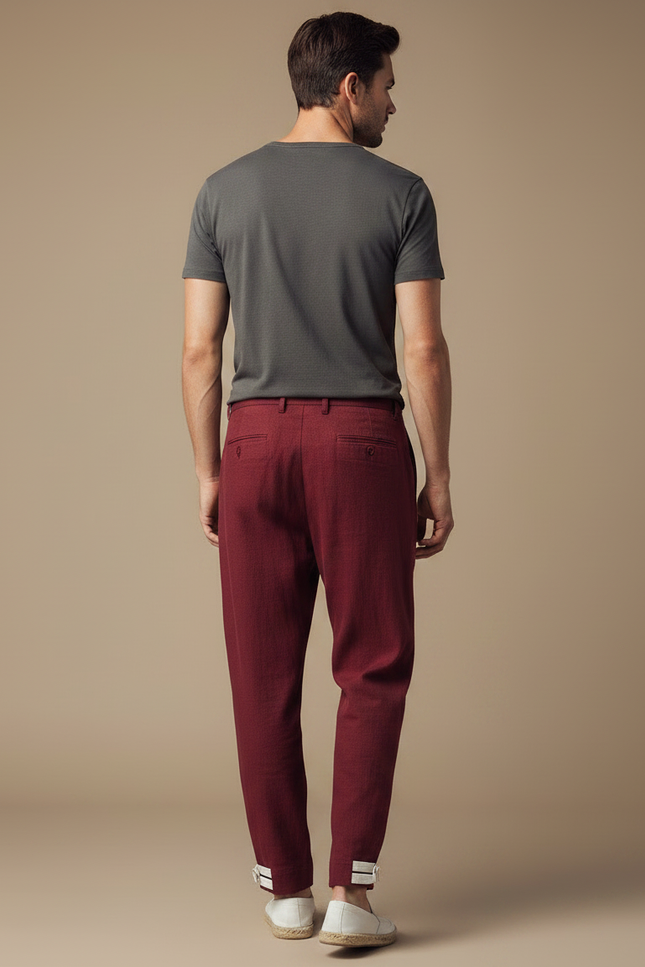 Pantalon Chinois Bordeaux Ample Plissé Décontracté Homme - Lin - vue 2