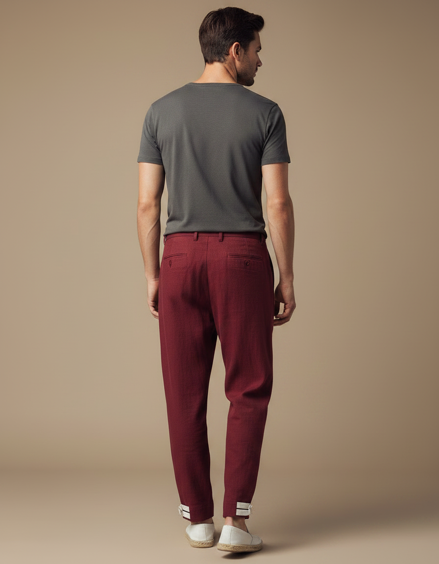 Pantalon Chinois Bordeaux Ample Plissé Décontracté Homme - Lin - vue 2