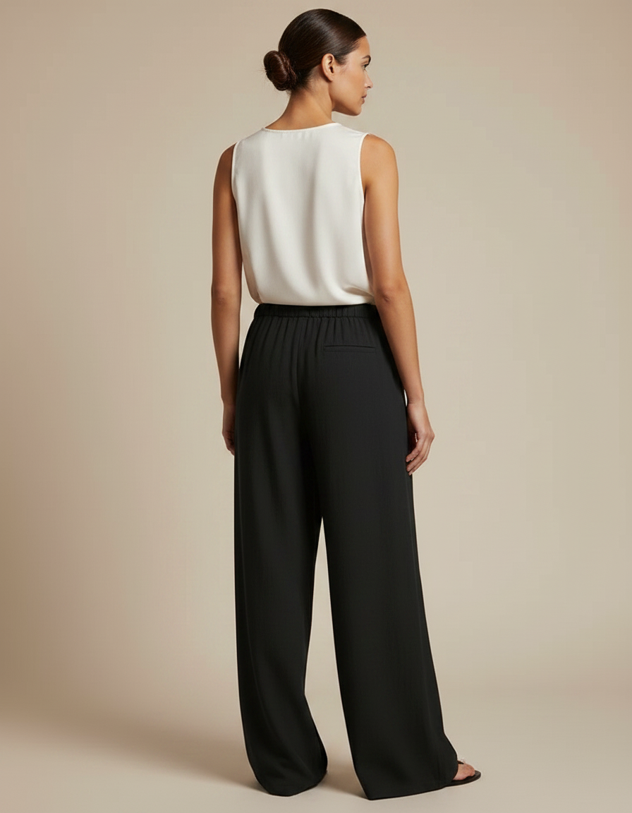 Pantalon Chinois Noir Ample Fluide Taille Haute - Viscose - vue 2