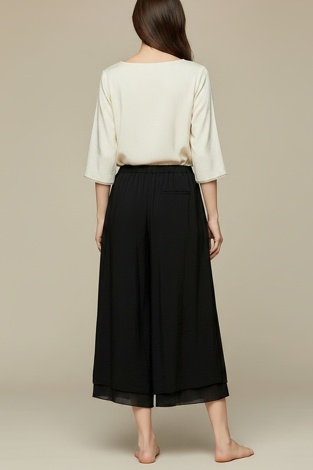 Pantalon Chinois Noir Ample Fluide Texturé Femme - Viscose - vue 2