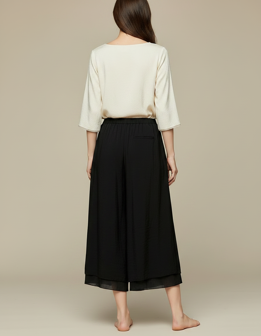 Pantalon Chinois Noir Ample Fluide Texturé Femme - Viscose - vue 2