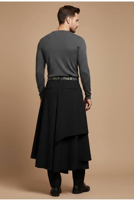 Pantalon Chinois Noir Ample Ceinture Motifs Élégant - Polyester - vue 2