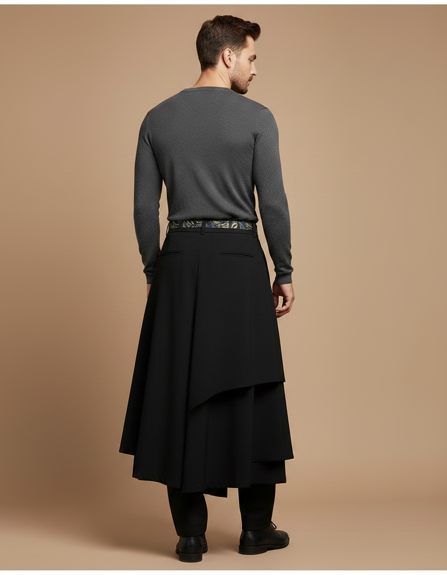 Pantalon Chinois Noir Ample Ceinture Motifs Élégant - Polyester - vue 2