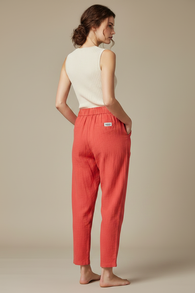 Pantalon Chinois Rouge Lin Coton Ample Décontracté Fluide - vue 2