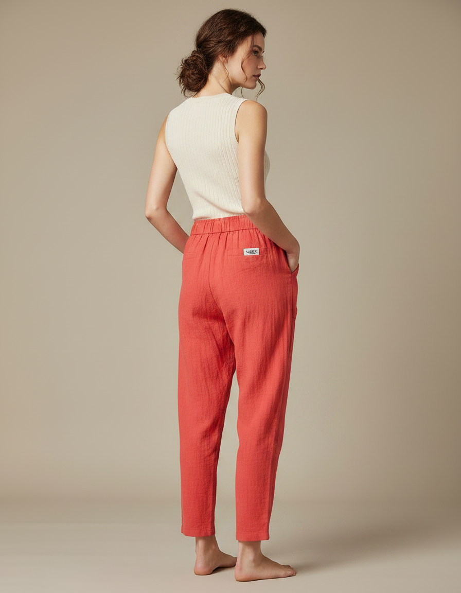 Pantalon Chinois Rouge Lin Coton Ample Décontracté Fluide - vue 2