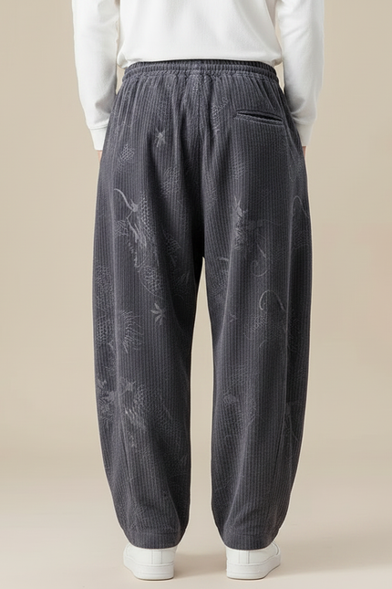 Pantalon Chinois Gris Côtelé Brodé Dragon Ample - Cordé - vue 2