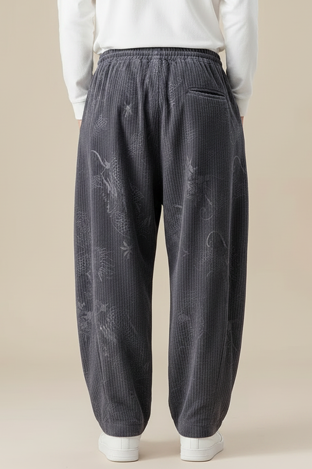 Pantalon Chinois Gris Côtelé Brodé Dragon Ample - Cordé - vue 2
