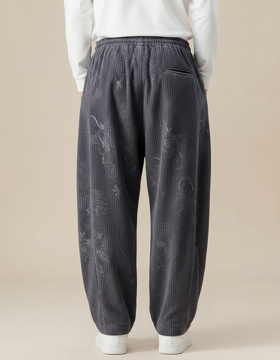 Pantalon Chinois Gris Côtelé Brodé Dragon Ample - Cordé - vue 2