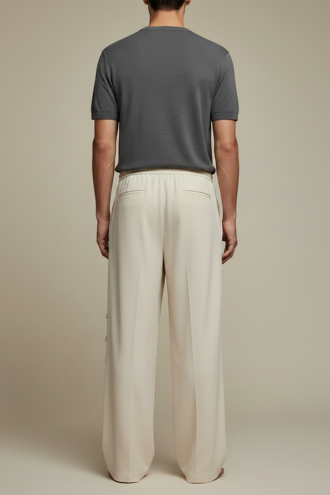 Pantalon Chinois Crème Ample Tassels Boutons Décontracté - Beige Lin - vue 2