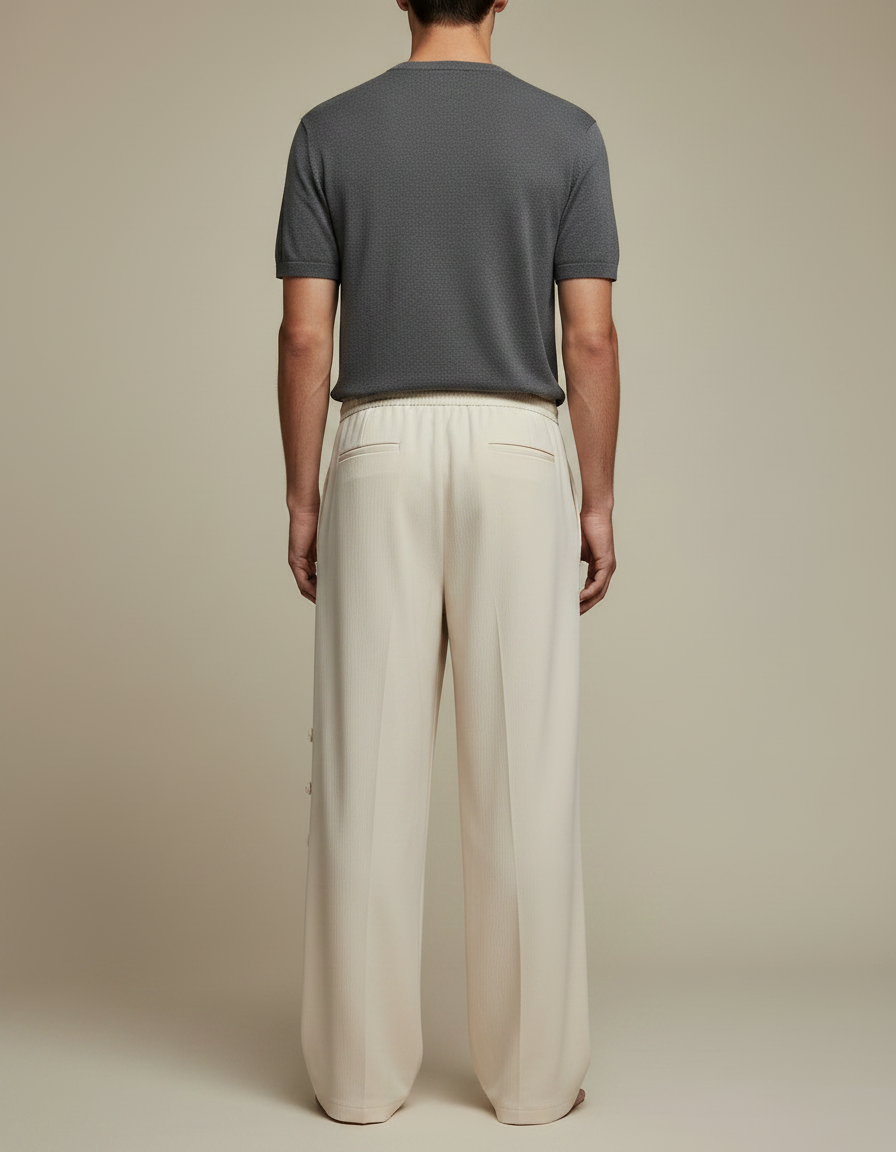 Pantalon Chinois Crème Ample Tassels Boutons Décontracté - Beige Lin - vue 2