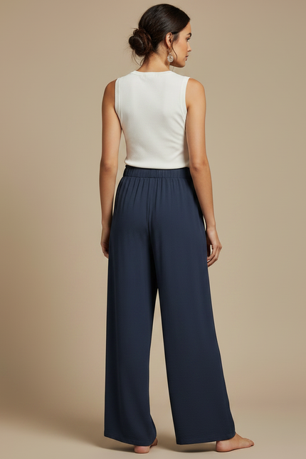 Pantalon Chinois Bleu Marine Fluide Ample Cordon Décontracté - Viscose - vue 2