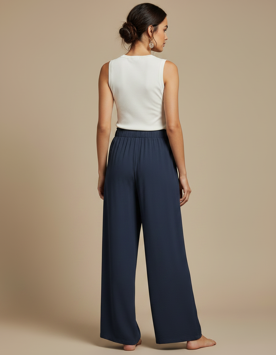Pantalon Chinois Bleu Marine Fluide Ample Cordon Décontracté - Viscose - vue 2
