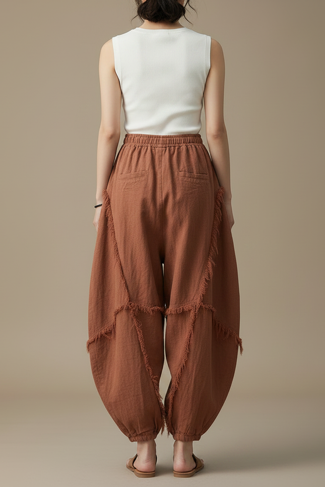 Pantalon Chinois Marron Ample Lin Coton Vintage - vue 2
