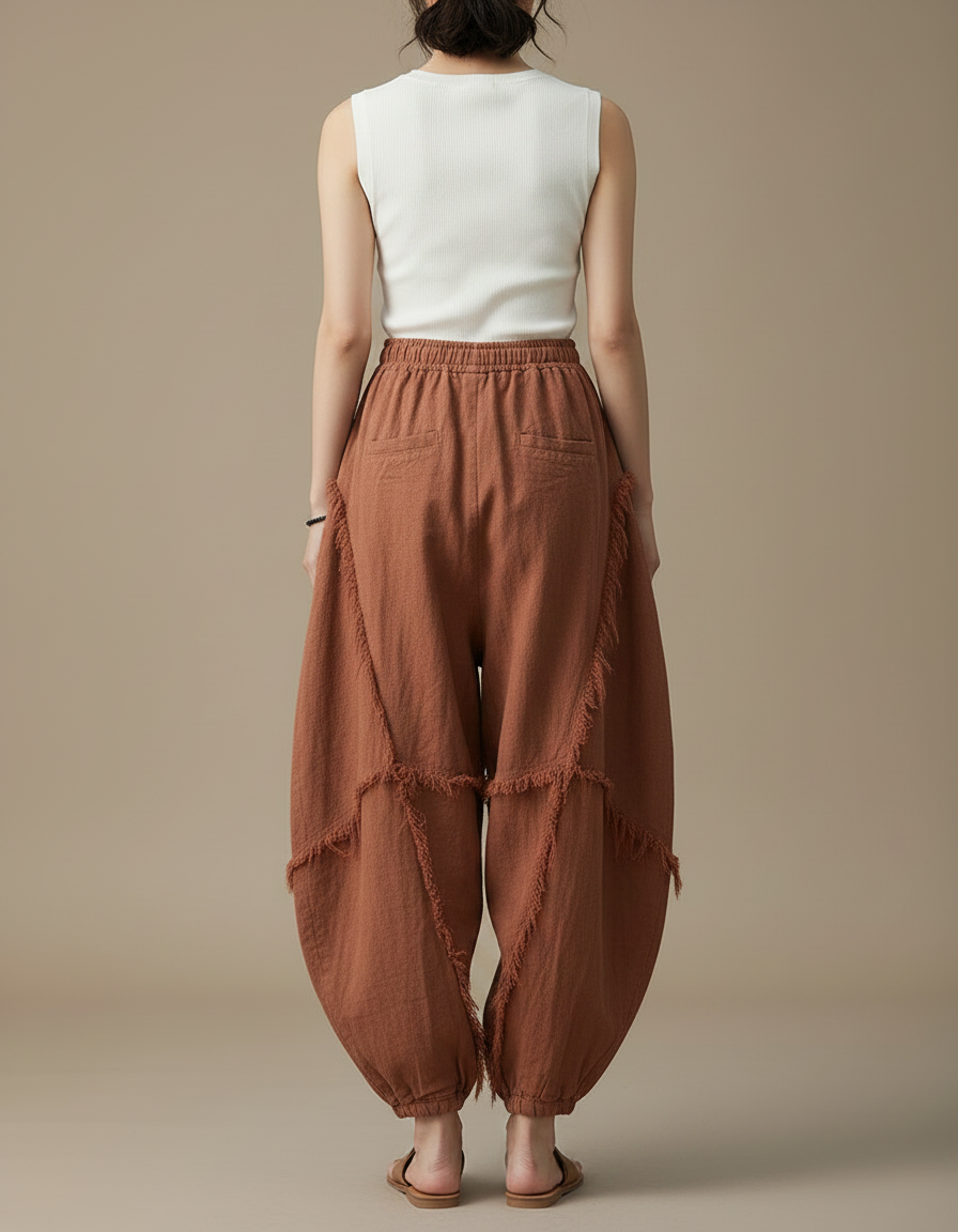 Pantalon Chinois Marron Ample Lin Coton Vintage - vue 2