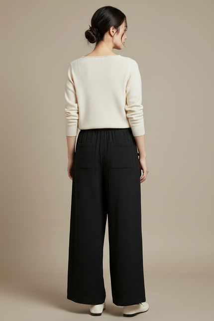 Pantalon Chinois Noir Ample Coton Brodé Fendu - Lin - vue 2