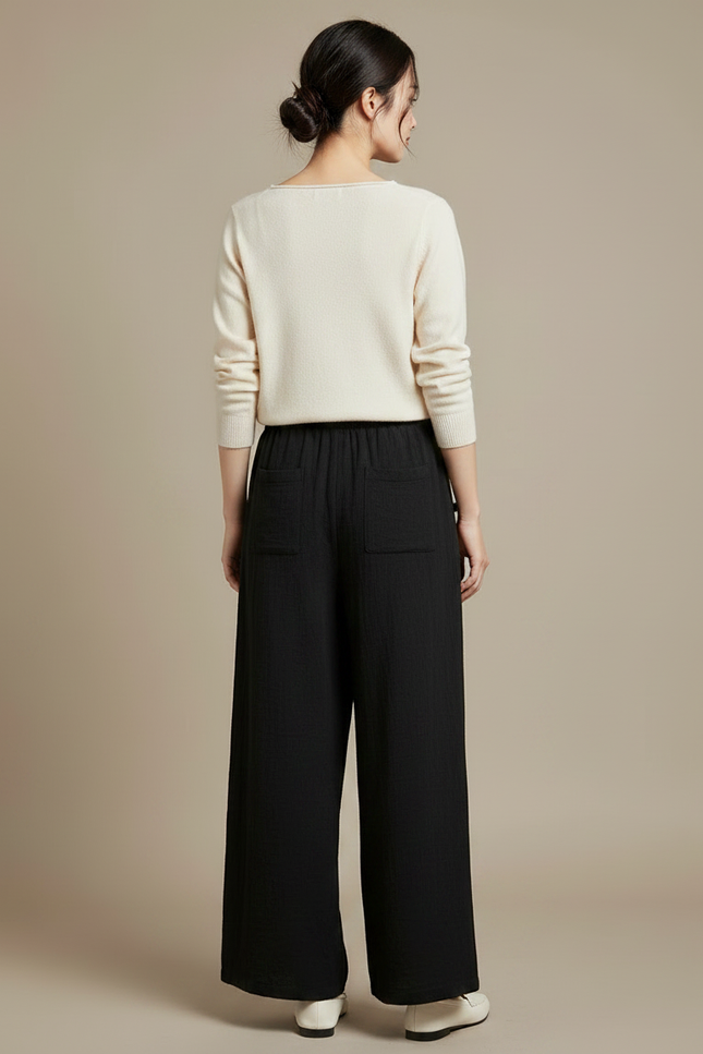 Pantalon Chinois Noir Ample Coton Brodé Fendu - Lin - vue 2