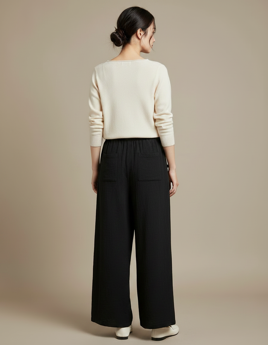 Pantalon Chinois Noir Ample Coton Brodé Fendu - Lin - vue 2