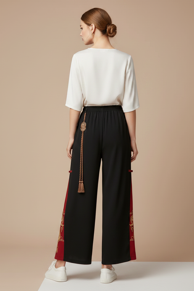 Pantalon Chinois Noir Brodé Dragon Rouge Ample - Viscose - vue 2