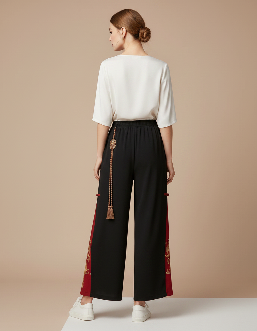 Pantalon Chinois Noir Brodé Dragon Rouge Ample - Viscose - vue 2