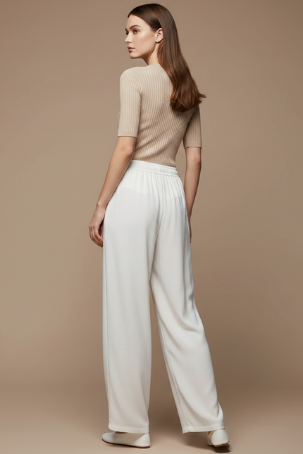 Pantalon Chinois Blanc Fluide Ample Cordon Confortable - Viscose - vue 2