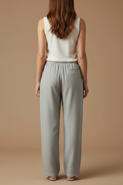 Pantalon Chinois Gris Lin Ample Confortable Décontracté - vue 2