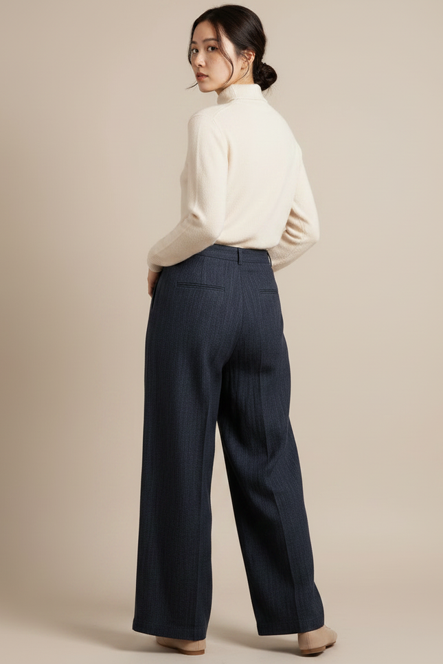 Pantalon Chinois Bleu Marine Large Plissé Décontracté Fluide - Cordé - vue 2