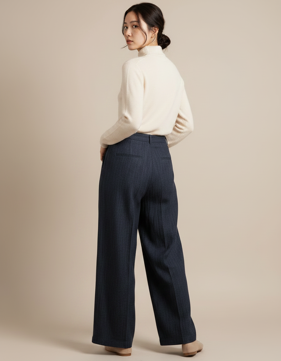 Pantalon Chinois Bleu Marine Large Plissé Décontracté Fluide - Cordé - vue 2