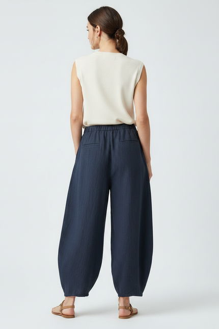 Pantalon Chinois Bleu Marine Ample Lin Fluide Confortable - vue 2