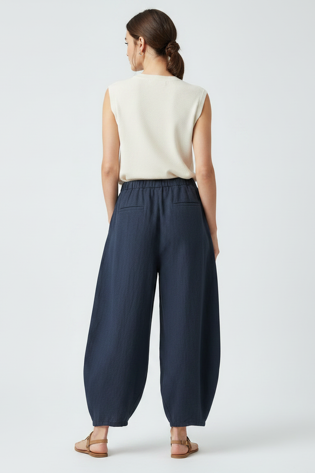 Pantalon Chinois Bleu Marine Ample Lin Fluide Confortable - vue 2