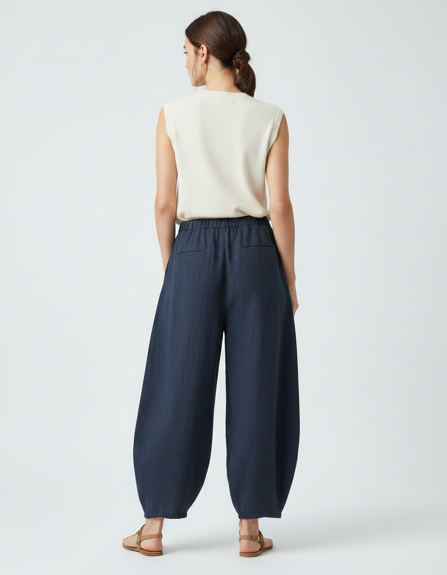 Pantalon Chinois Bleu Marine Ample Lin Fluide Confortable - vue 2