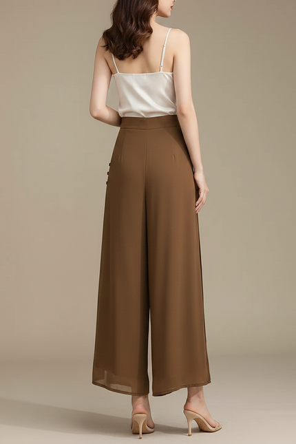 Pantalon Chinois Fluide Marron Chiffon Fendu Élégant - Polyester - vue 2