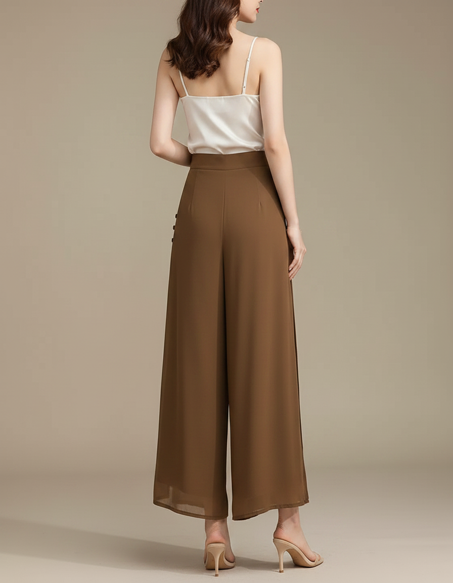 Pantalon Chinois Fluide Marron Chiffon Fendu Élégant - Polyester - vue 2
