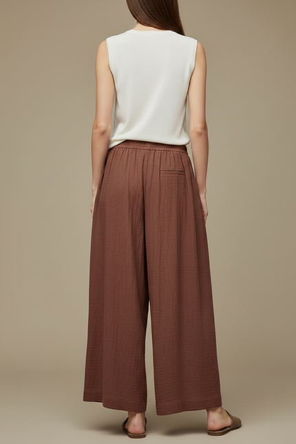 Pantalon Chinois Marron Ample Plissé Lin Coton - vue 2