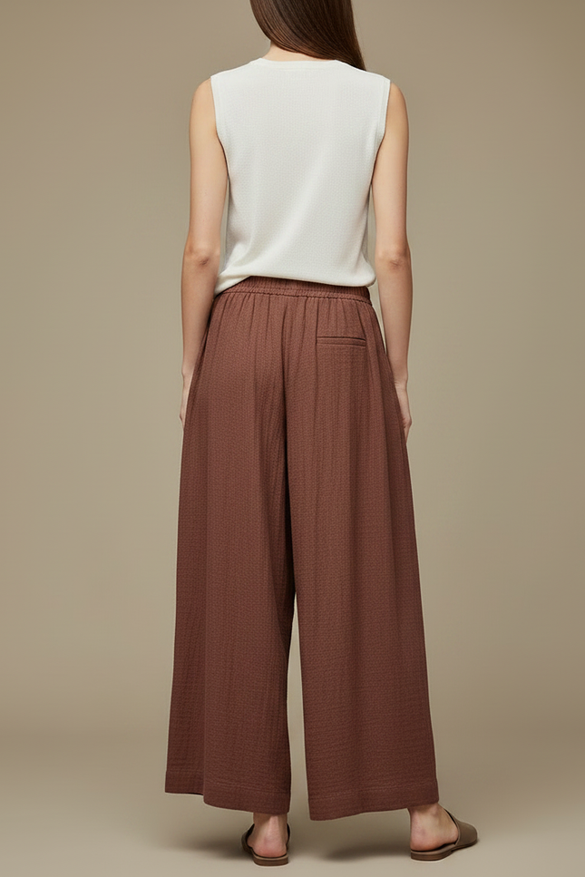 Pantalon Chinois Marron Ample Plissé Lin Coton - vue 2
