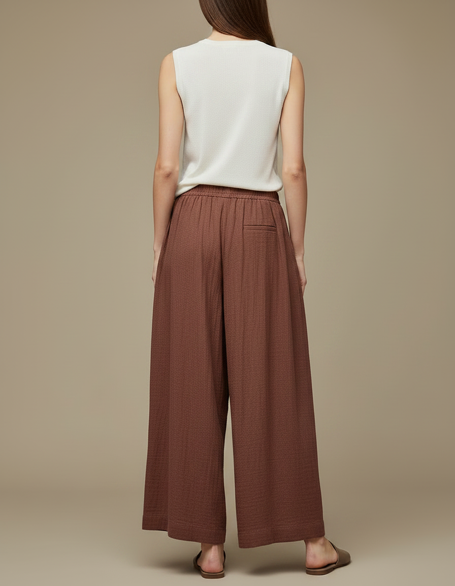 Pantalon Chinois Marron Ample Plissé Lin Coton - vue 2