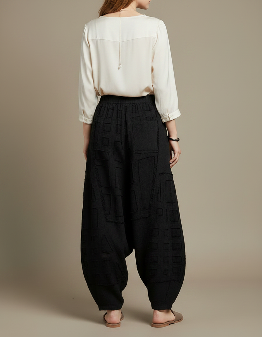 Pantalon Chinois Noir Ample Lin Texturé Femme - vue 2