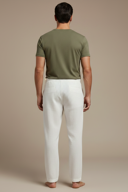 Pantalon Chinois Blanc Lin Droit Décontracté Cordon Homme - vue 2