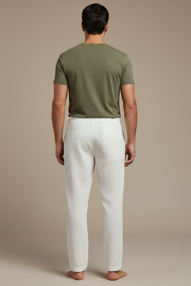 Pantalon Chinois Blanc Lin Droit Décontracté Cordon Homme - vue 2