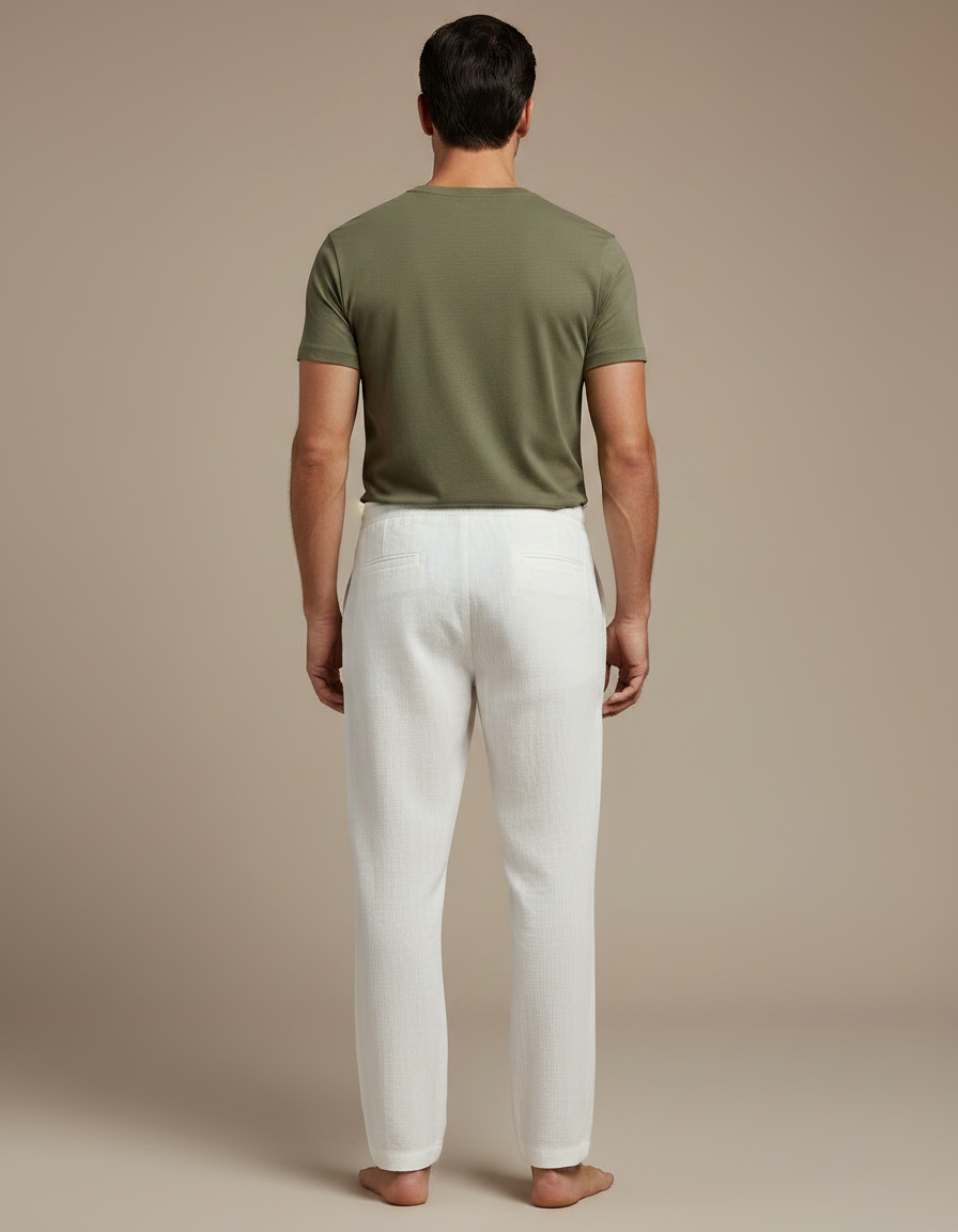Pantalon Chinois Blanc Lin Droit Décontracté Cordon Homme - vue 2