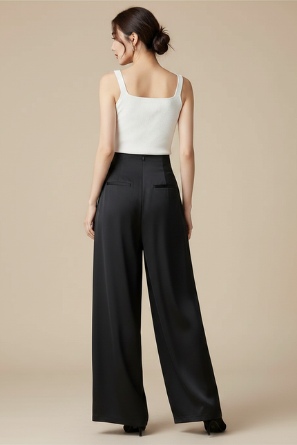 Pantalon Chinois Noir Satin Fluide Large Femme - vue 2