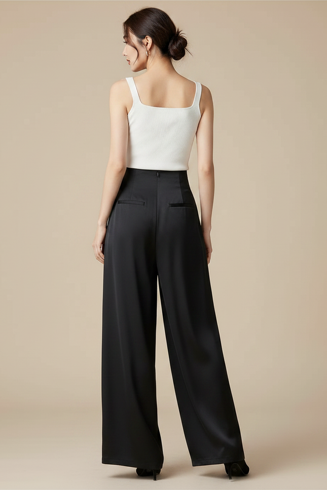 Pantalon Chinois Noir Satin Fluide Large Femme - vue 2