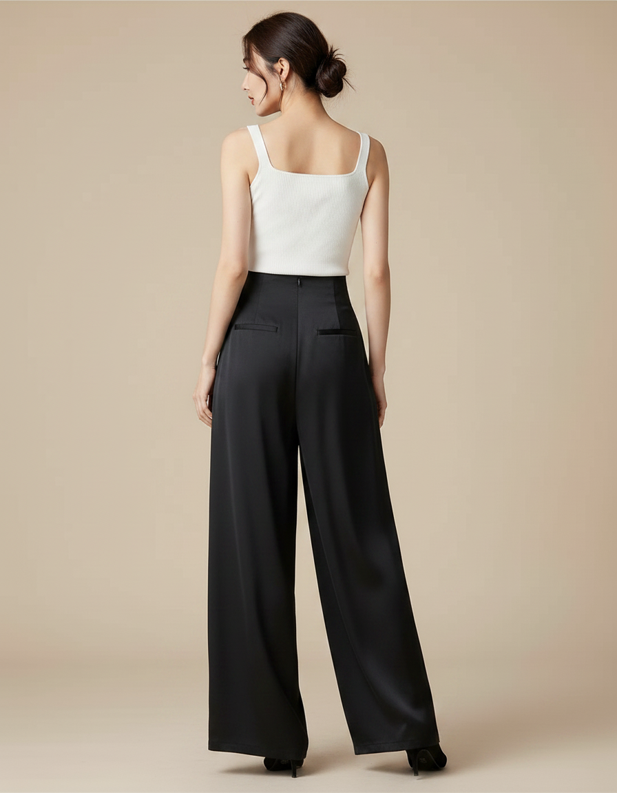 Pantalon Chinois Noir Satin Fluide Large Femme - vue 2