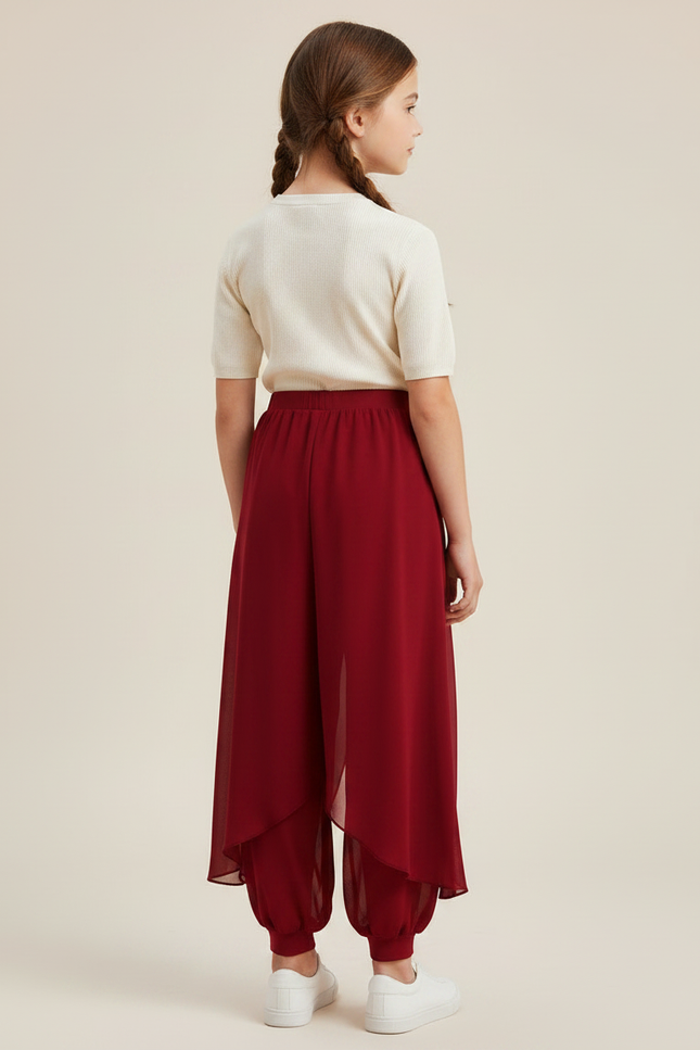 Pantalon Chinois Rouge Fendu Fluide Harem Fille - Bordeaux Polyester - vue 2