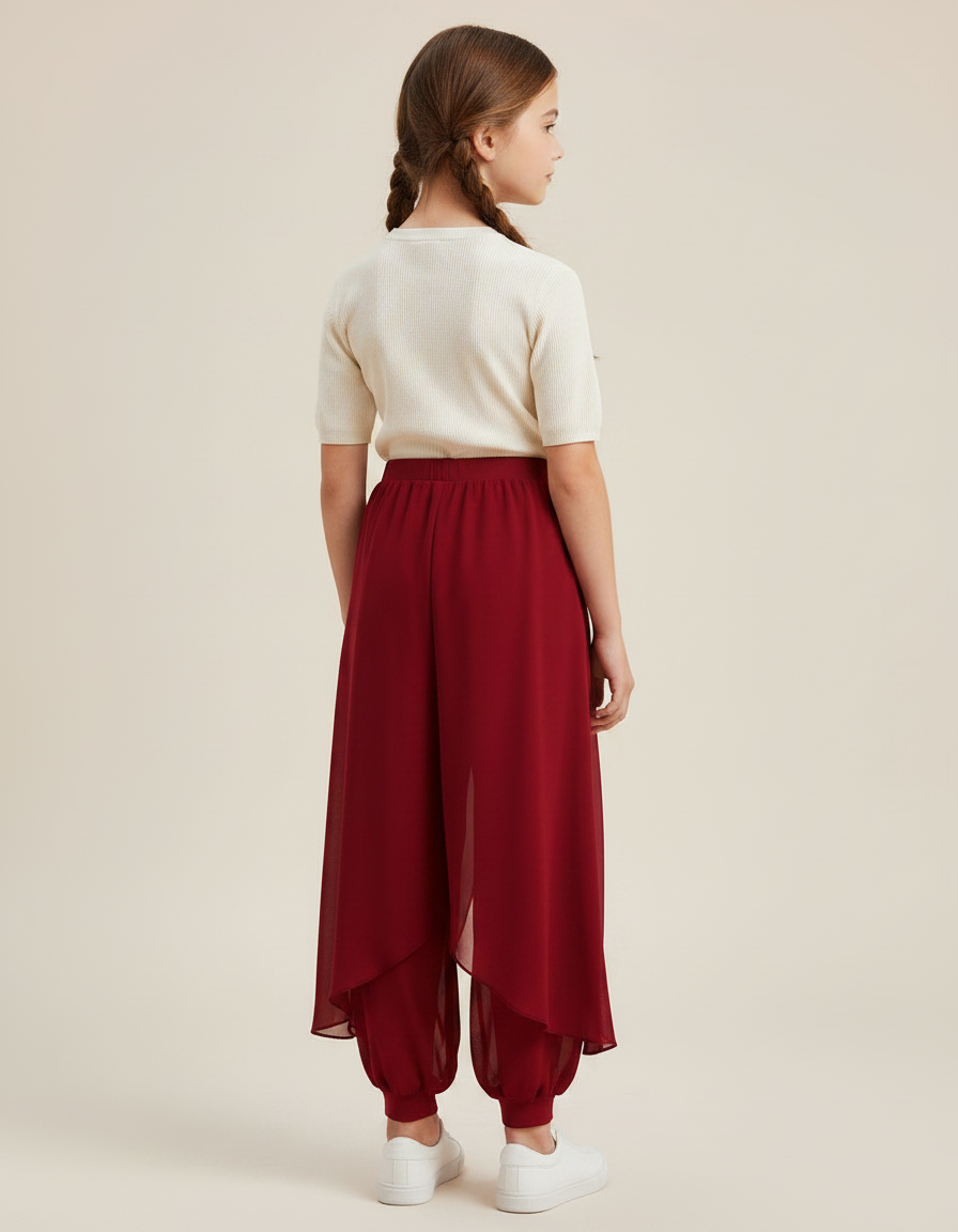 Pantalon Chinois Rouge Fendu Fluide Harem Fille - Bordeaux Polyester - vue 2