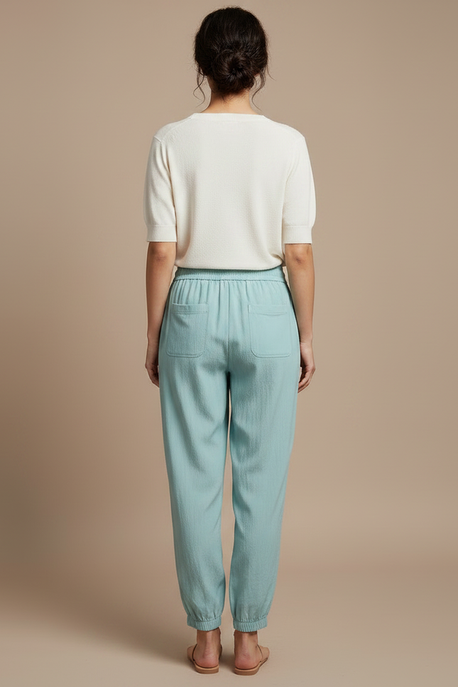 Pantalon Chinois Turquoise Fluide Cordon Chevilles Élastiquées Décontracté - Bleu Viscose - vue 2