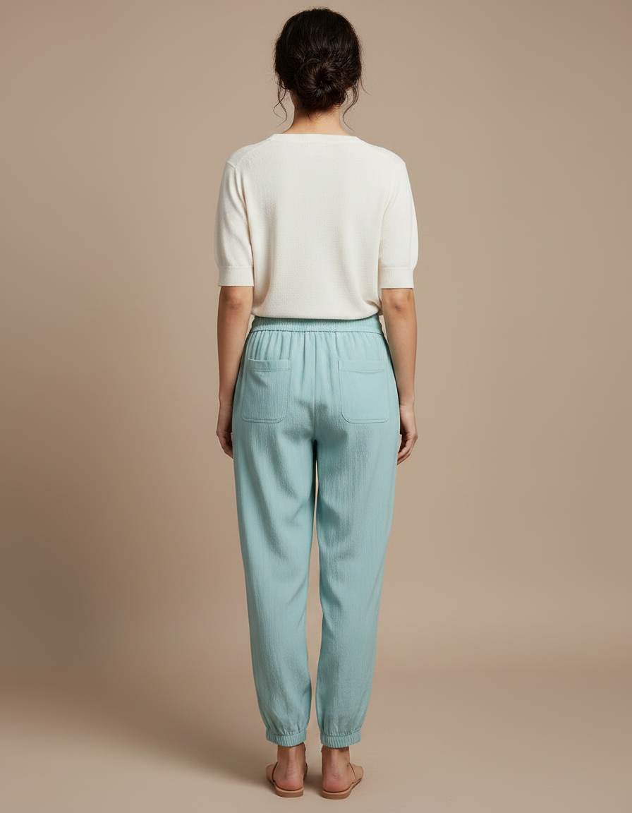 Pantalon Chinois Turquoise Fluide Cordon Chevilles Élastiquées Décontracté - Bleu Viscose - vue 2