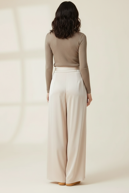 Pantalon Chinois Satiné Fluide Ample Ceinturé Femme - Beige - vue 2