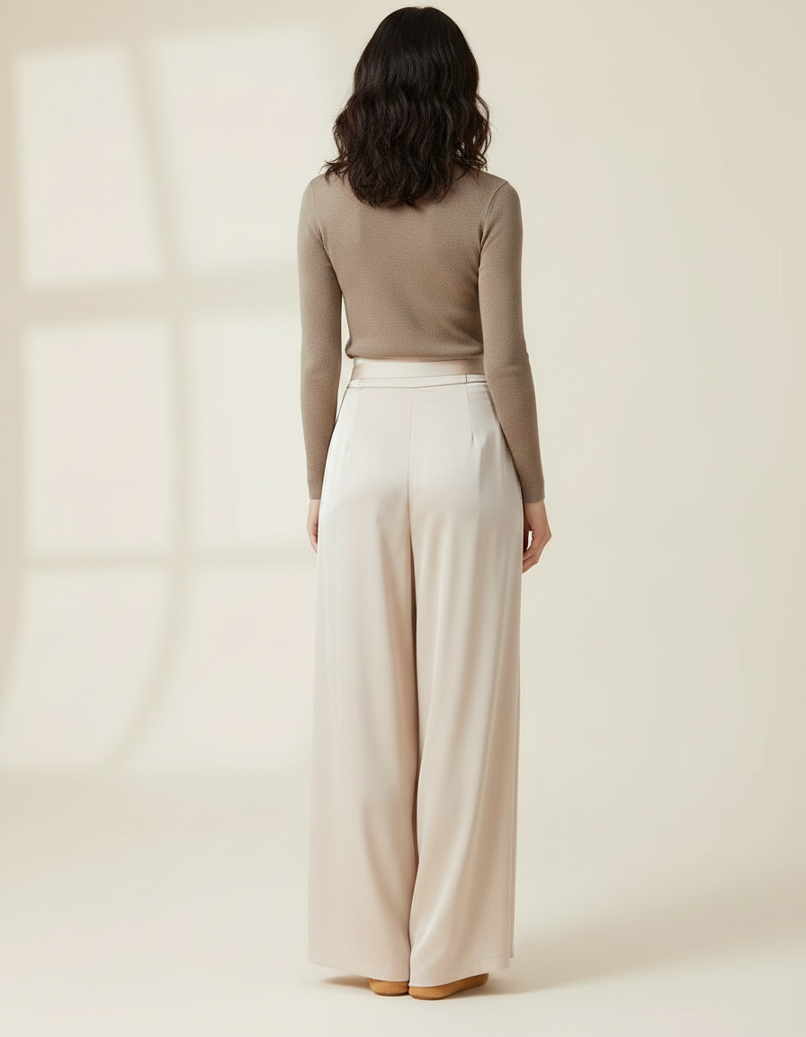 Pantalon Chinois Satiné Fluide Ample Ceinturé Femme - Beige - vue 2
