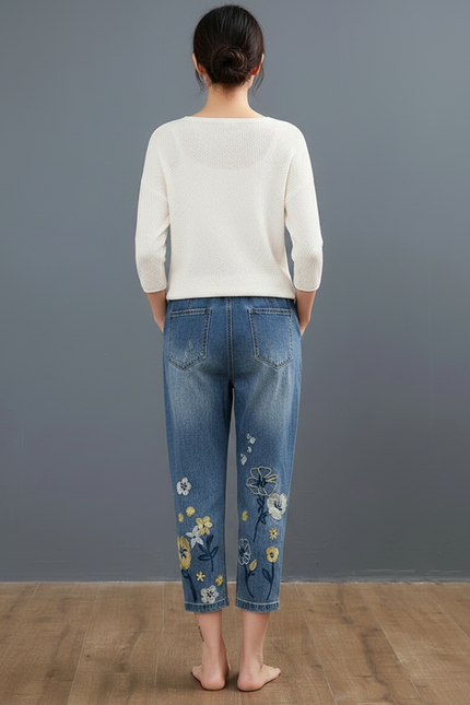 Pantalon Chinois Jean Brodé Floral Ample Femme - Bleu - vue 2